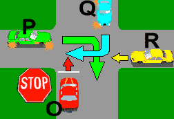 Vehicle O is at a STOP sign -