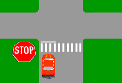 The diagram shows a marked pedestrian crossing at an intersection. There is also a STOP sign at the intersection. You have already stopped for a pedestrian. Must you stop again at the STOP line?