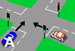 You are approaching a green light in vehicle A. An ambulance sounding its siren is approaching a red light at the same intersection. You should -