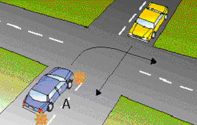 This intersection does not have any traffic lights or signs. You are in car A and want to turn right. When can you go?