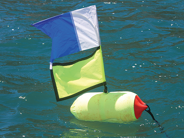 What is the meaning of a blue and white 'Alpha' flag on a vessel, buoy or float?