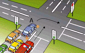 你准备在这个交叉路口右转弯。前方是绿灯。你听到警笛并看到一辆救火车马上要超过你的车，你应该 -