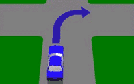 在图中的交叉路口向右转时，你必须给哪些车辆让路？