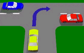 如果在一个丁字路口向右转(如图所示)，你是否必须给来自左方和右方的车辆让路？