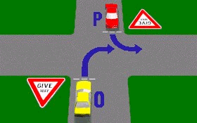 此图中，O车和P车都必须经过让路(GIVE WAY)标志牌才能进入交叉路口，谁应该先走？