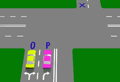 If both vehicles P and O in the diagram are turning right, which vehicle is in the best position to turn left into the street marked 'X'?