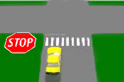 图中显示在交叉路口有一条行人过路线。在交叉路口还有一个停车(STOP)标志牌。你已经停车给一位行人让路。你是否还必须在停车线上停车？
