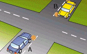 你驾驶A车，想在这个交叉路口右转弯。迎面的B车也在打灯示意右转。你应走哪 条路线？