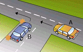 You are in car A and are going straight ahead through the intersection. Who should give way?