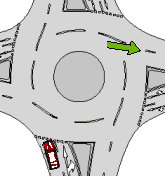 这辆红车要右转弯，并从转盘路进入标有箭头的街道。要做到这一点，这辆车是否处于正确的车道？