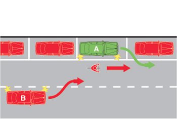 You are the driver of vehicle A. You are parked and about to enter the stream of traffic. You must give way to