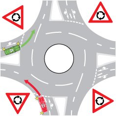 "Each of these vehicles is about to turn left at the roundabout. Which vehicle is approaching the roundabout correctly?"