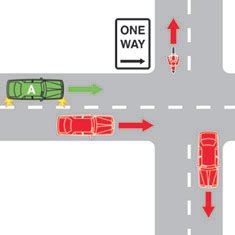 You are driving vehicle A. You want to turn right at the intersection. Which lane must you turn from?