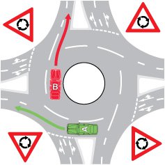 Which vehicle must signal to leave the roundabout if practical?