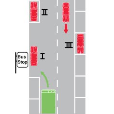 You are in a vehicle waiting for a passenger who will get off a bus at a bus stop. Where is it best to wait?