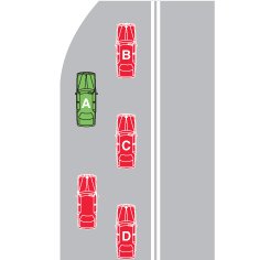 You are in vehicle A. Two lanes merge without lane markings. Where should you merge to?