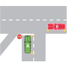 You are driving vehicle A and want to turn right. Vehicle B is indicating left. What should you do?