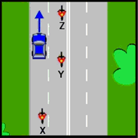 Which motorcycle is in the car driver's blind spot?