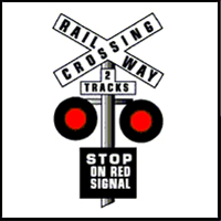 What do red flashing lights mean at a railway crossing (as shown in the diagram)?