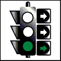 When approaching traffic lights, what does a green light with a green arrow (as shown in the diagram) mean?