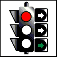 When approaching traffic lights, what does a red light with a green arrow (as shown in the diagram) mean?